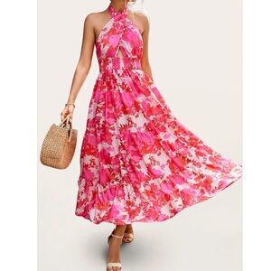Azazie "Feeling Like Forever" floral print halterneck maxi dress size Medium